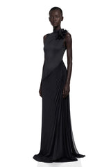 Vivienne Black Sleeveless Pleated Maxi Dress with Floral Applique