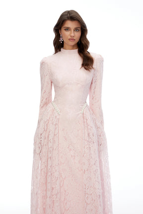 Vivienne Pink Mock Neck Long Sleeve Lace Maxi Dress
