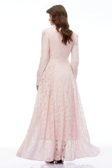 Vivienne Pink Mock Neck Long Sleeve Lace Maxi Dress