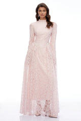 Vivienne Pink Mock Neck Long Sleeve Lace Maxi Dress
