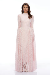 Vivienne Pink Mock Neck Long Sleeve Lace Maxi Dress