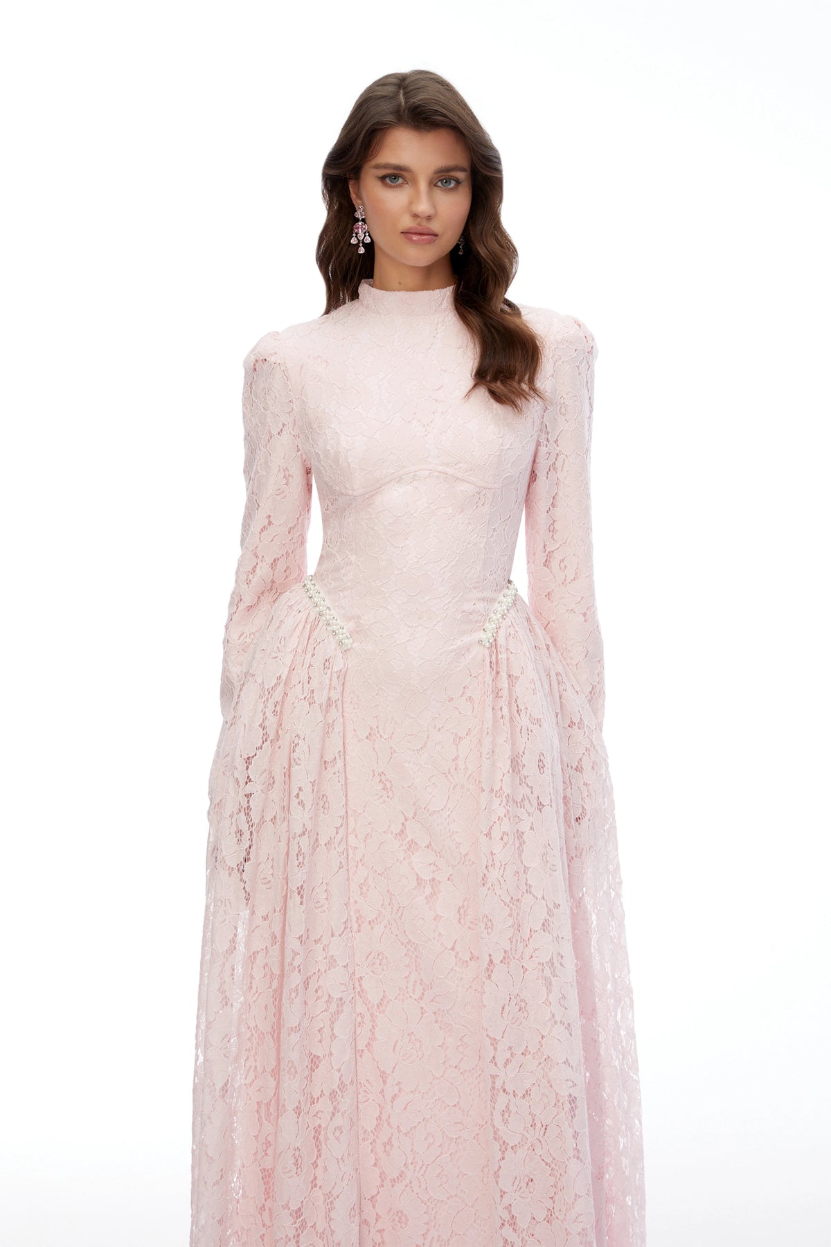 Vivienne Pink Mock Neck Long Sleeve Lace Maxi Dress