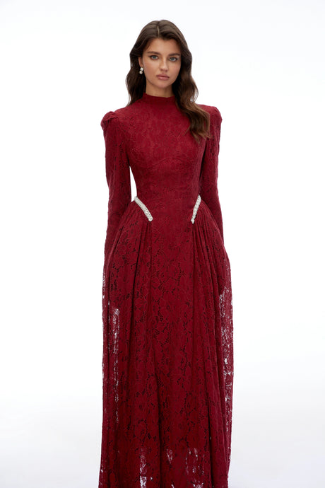 Riccarda Maxi Dress Red Mock Neck Long Sleeve Lace