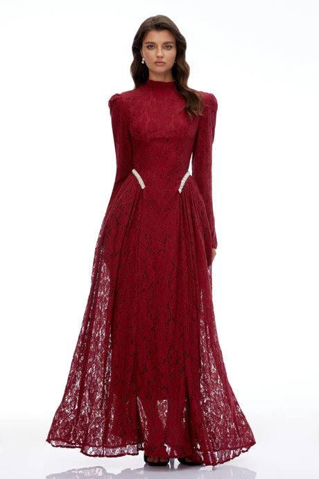 Riccarda Maxi Dress Red Mock Neck Long Sleeve Lace
