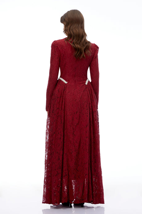 Riccarda Maxi Dress Red Mock Neck Long Sleeve Lace