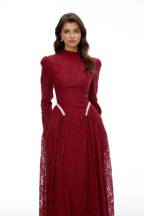 Riccarda Maxi Dress Red Mock Neck Long Sleeve Lace