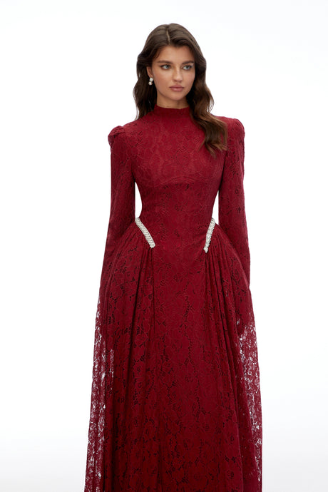 Riccarda Maxi Dress Red Mock Neck Long Sleeve Lace