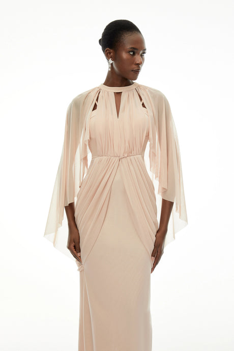 Marina Maxi Dress Ruched with Cape Sleeves