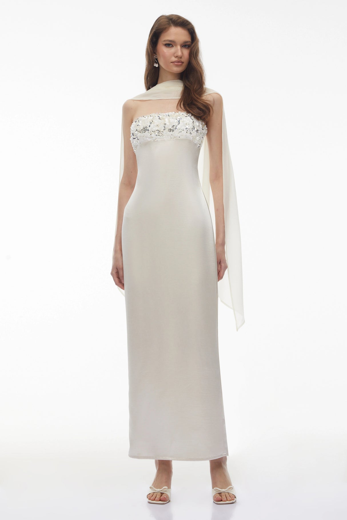 Vivienne White Off Shoulder Sequin Maxi Dress