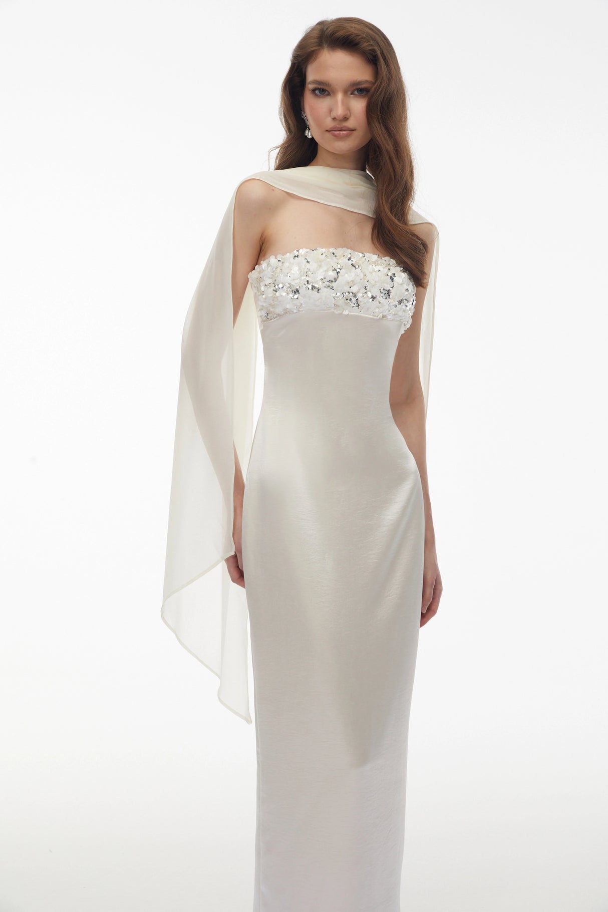 Vivienne White Off Shoulder Sequin Maxi Dress