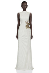 Vivienne White Sleeveless Pleated Maxi Dress with Floral Applique