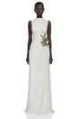 Vivienne White Sleeveless Pleated Maxi Dress with Floral Applique