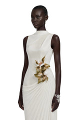 Vivienne White Sleeveless Pleated Maxi Dress with Floral Applique