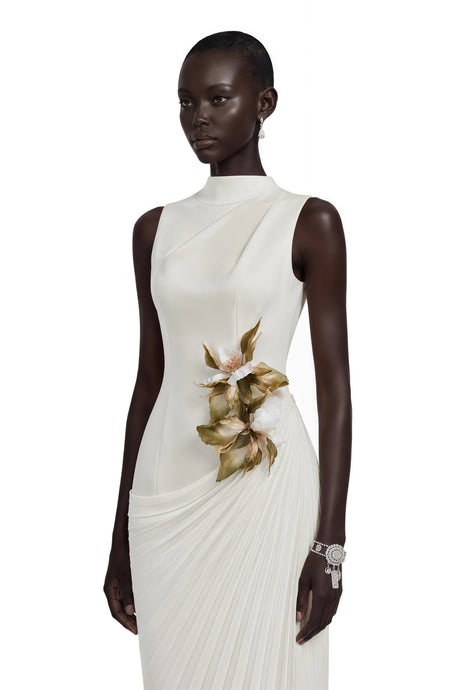 Ariella Maxi Dress White Sleeveless Pleated with Floral Applique
