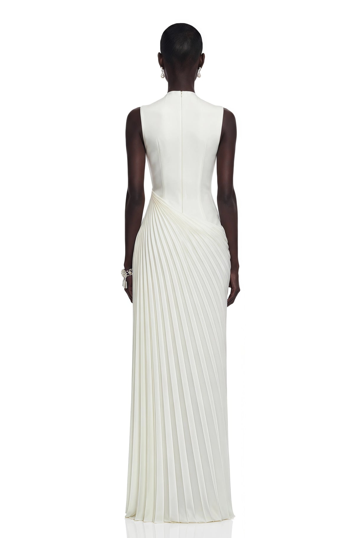Vivienne White Sleeveless Pleated Maxi Dress with Floral Applique