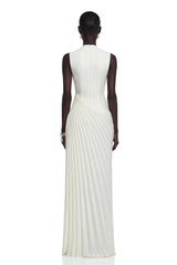 Vivienne White Sleeveless Pleated Maxi Dress with Floral Applique