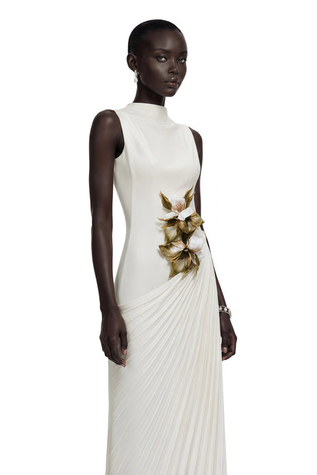 Ariella Maxi Dress White Sleeveless Pleated with Floral Applique