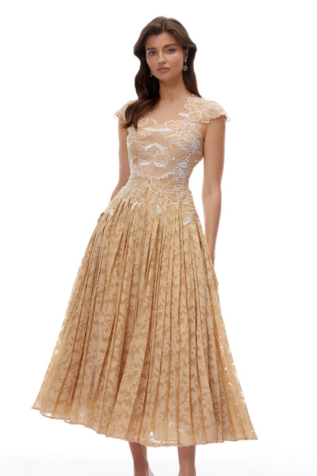 Rebekah Midi Dress Neutral Floral Lace Pleated