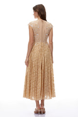 Vonda Neutral Floral Lace Pleated Midi Dress