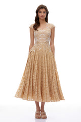 Vonda Neutral Floral Lace Pleated Midi Dress