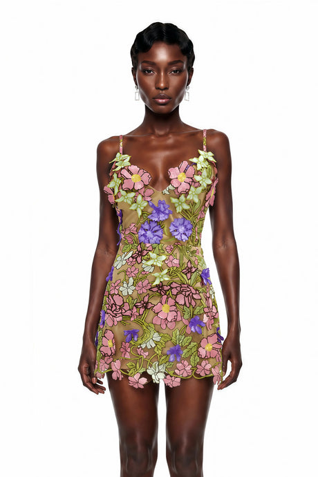 Debora Mini Dress Green V-Neck with 3D Florals