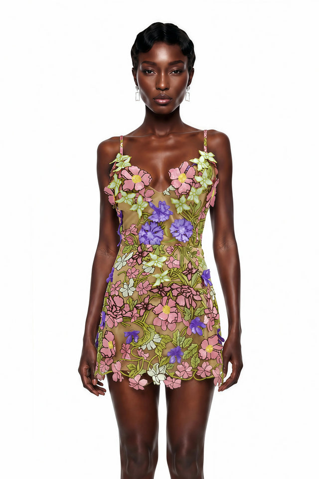 Wakatipu Green VNeck Mini Dress with 3D Florals