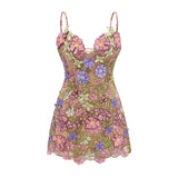 Wakatipu Green VNeck Mini Dress with 3D Florals