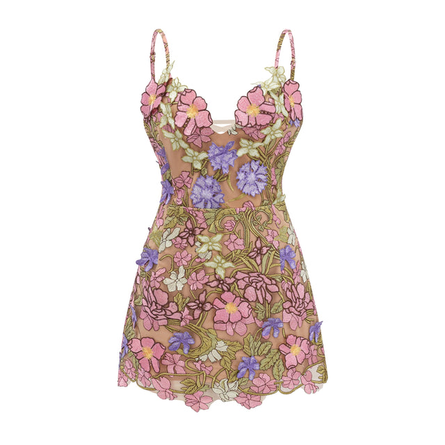 Wakatipu Green VNeck Mini Dress with 3D Florals