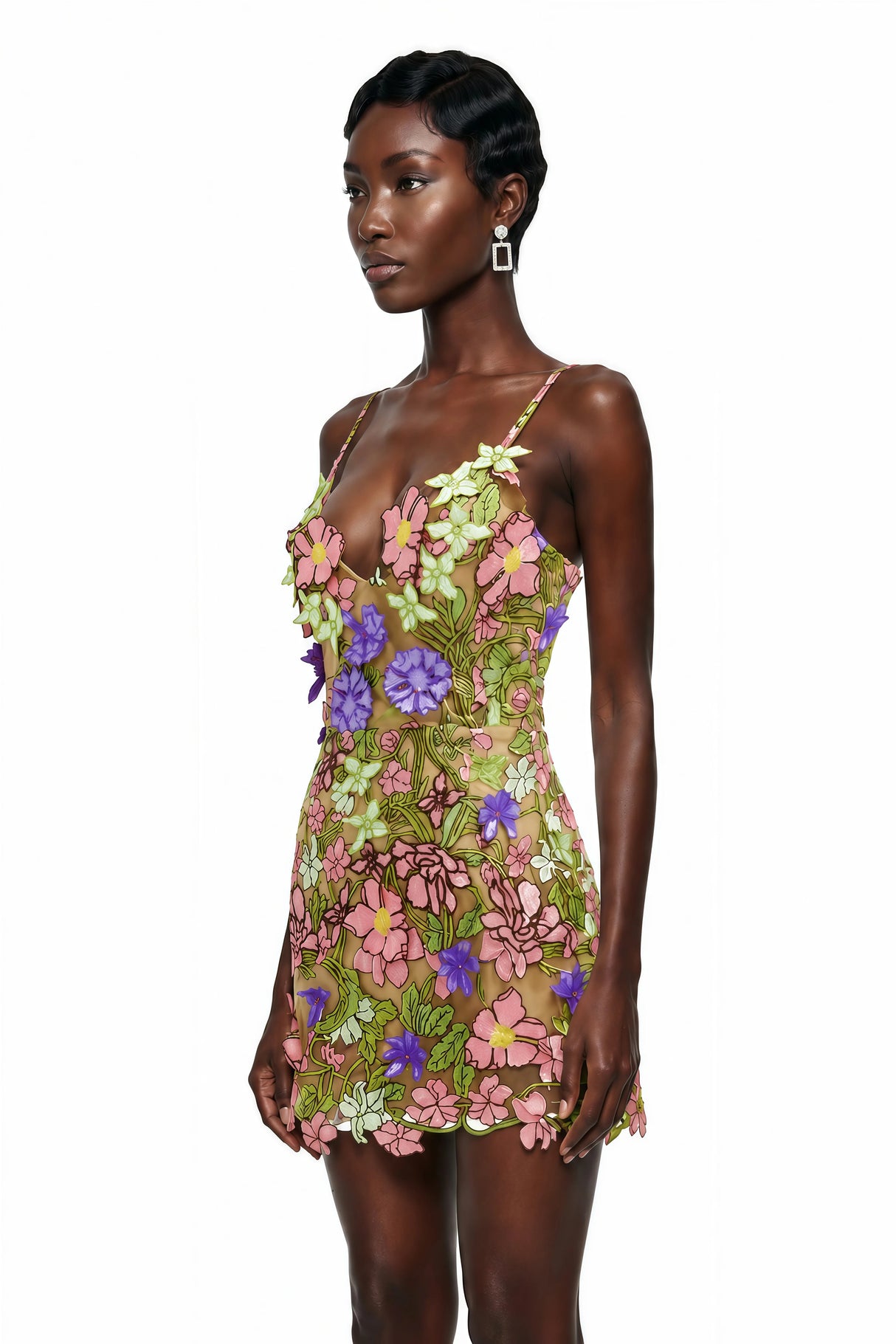 Wakatipu Green VNeck Mini Dress with 3D Florals