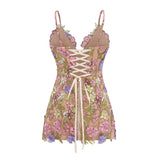 Wakatipu Green VNeck Mini Dress with 3D Florals