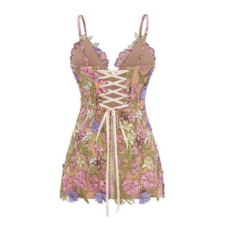 Debora Mini Dress Green V-Neck with 3D Florals