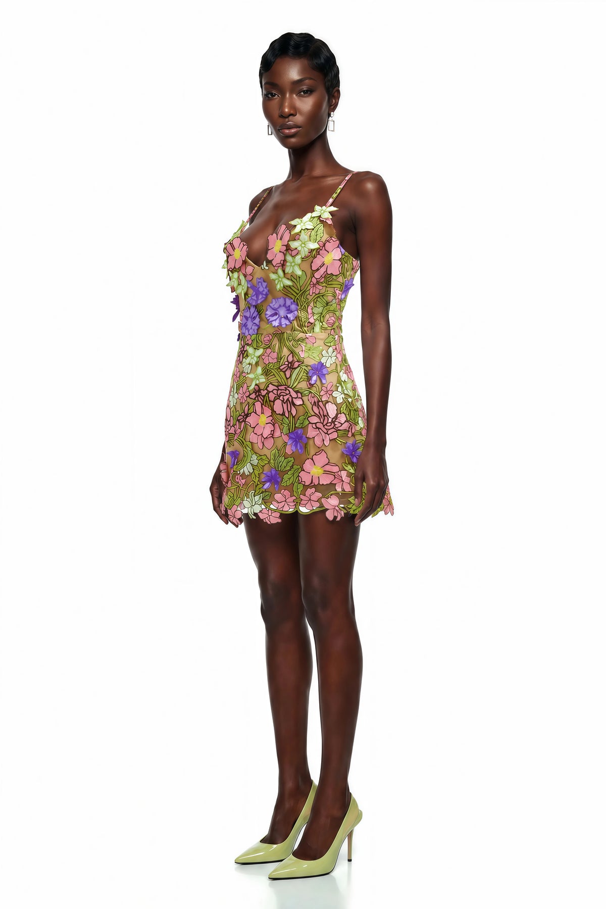 Wakatipu Green VNeck Mini Dress with 3D Florals
