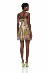 Wakatipu Green VNeck Mini Dress with 3D Florals