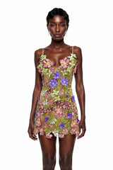 Wakatipu Green VNeck Mini Dress with 3D Florals