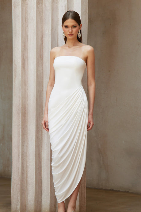 Chiara Midi Dress White Asymmetrical Ruched