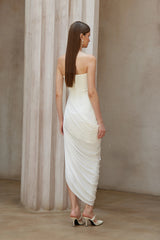 Wanda White Asymmetrical Ruched Midi Dress