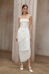 Wanda White Asymmetrical Ruched Midi Dress