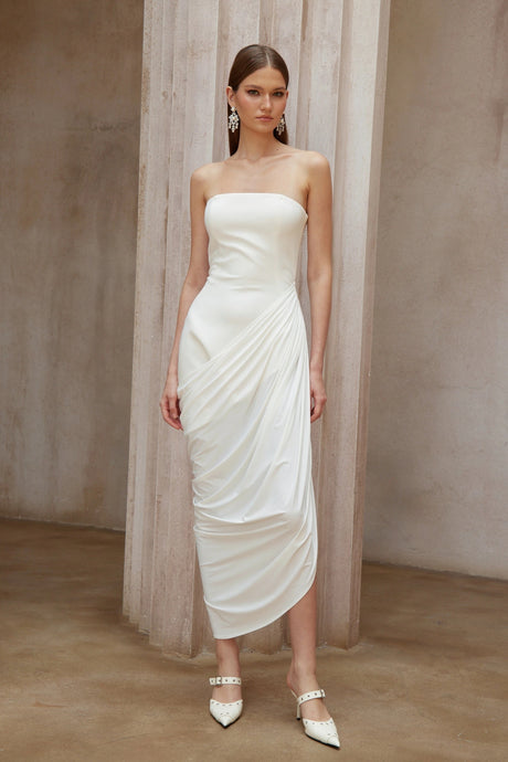 Chiara Midi Dress White Asymmetrical Ruched