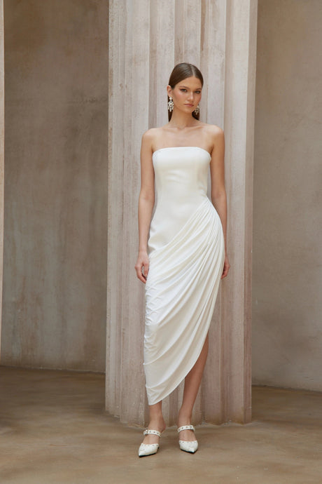 Chiara Midi Dress White Asymmetrical Ruched