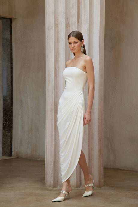 Chiara Midi Dress White Asymmetrical Ruched