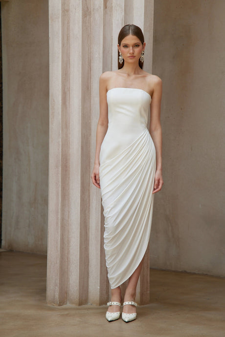 Chiara Midi Dress White Asymmetrical Ruched