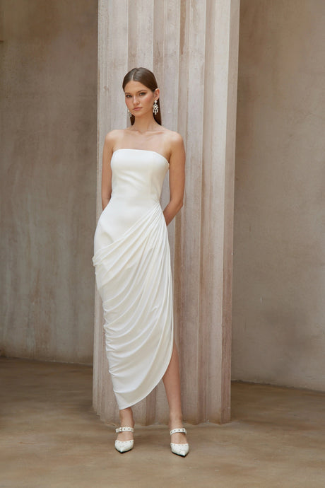 Chiara Midi Dress White Asymmetrical Ruched