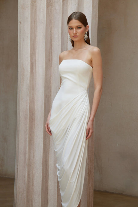 Chiara Midi Dress White Asymmetrical Ruched
