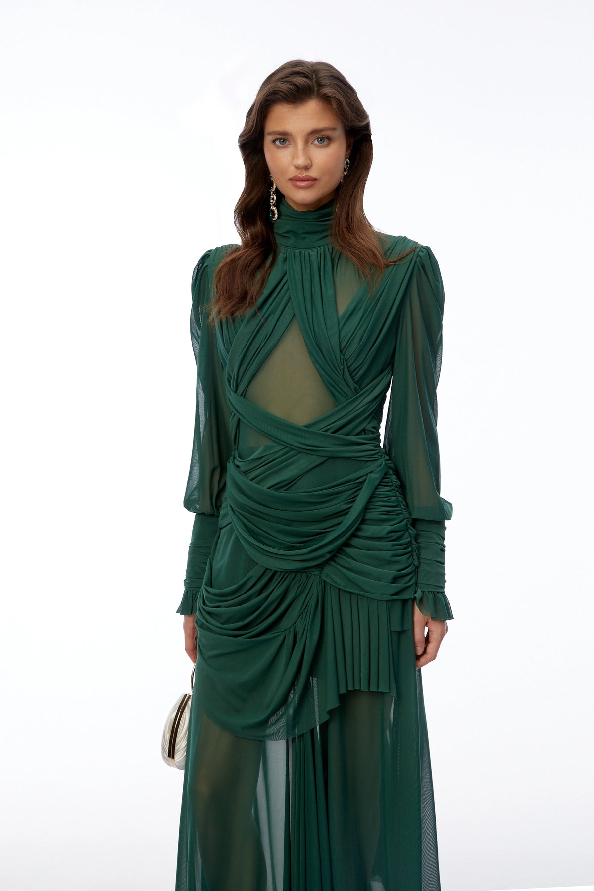 Wania Dark Green Cross Front Ruched Maxi Dress