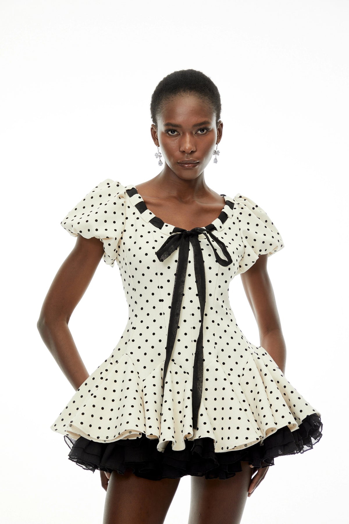 Wania White Polka Dot Mini Dress with TieFront