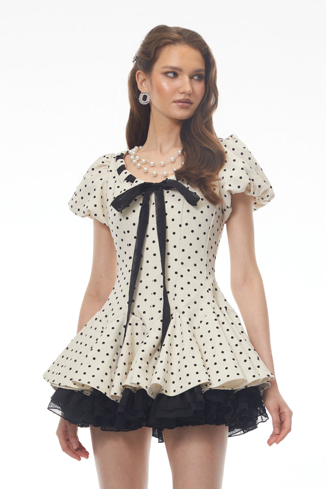 Wania White Polka Dot Mini Dress with TieFront