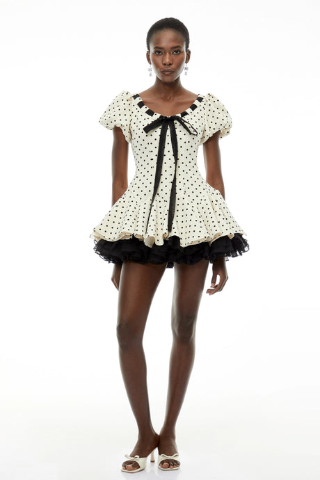Sabrina Mini Dress White Polka Dot with Tie-Front