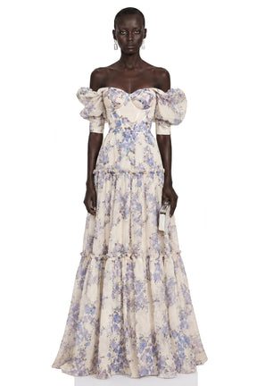 Wheat Purple Floral Print Ruffled Maxi Dress