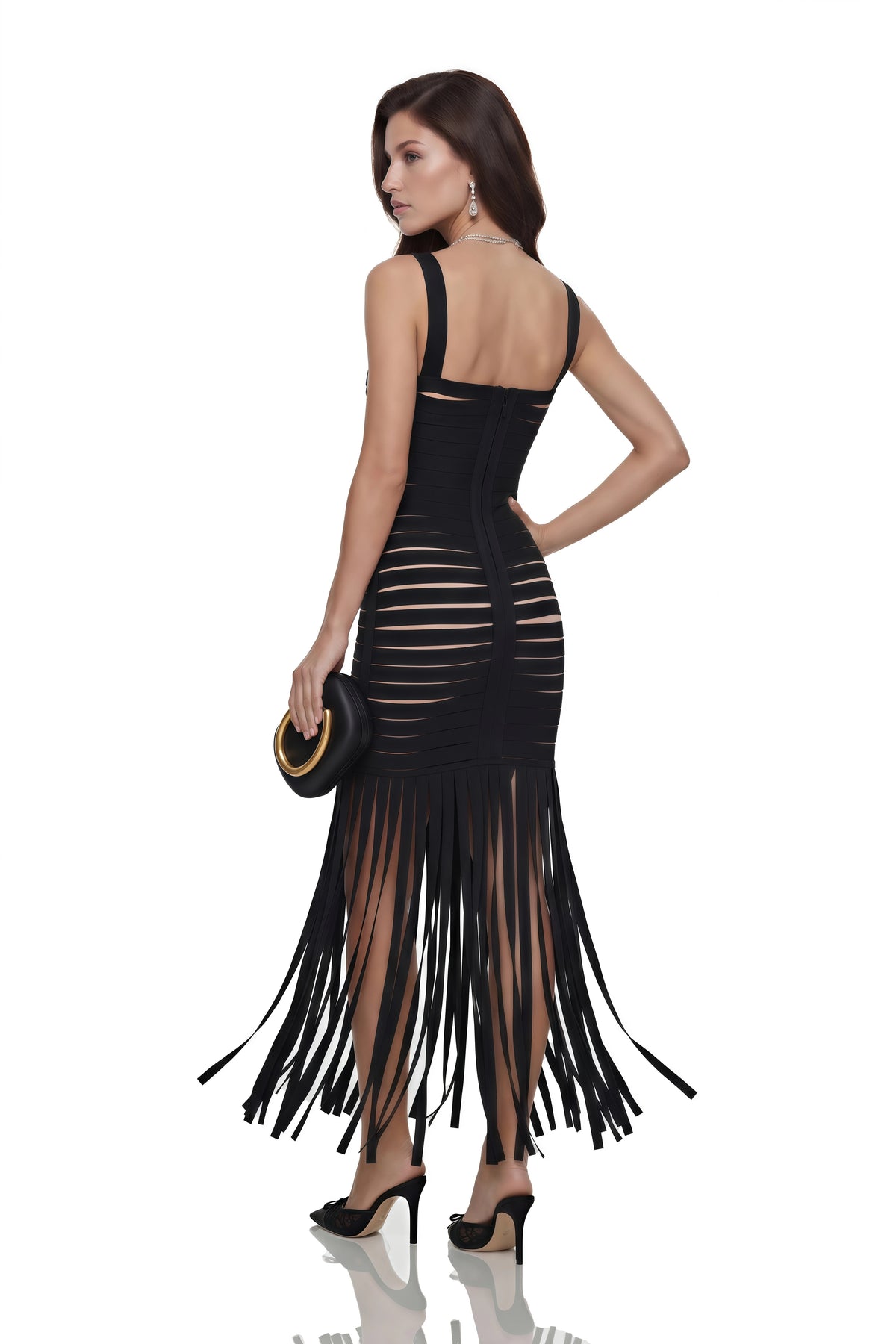 Whitney Black CutOut Maxi Dress with Fringe