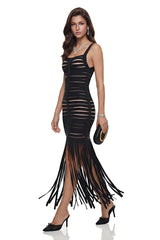 Whitney Black CutOut Maxi Dress with Fringe